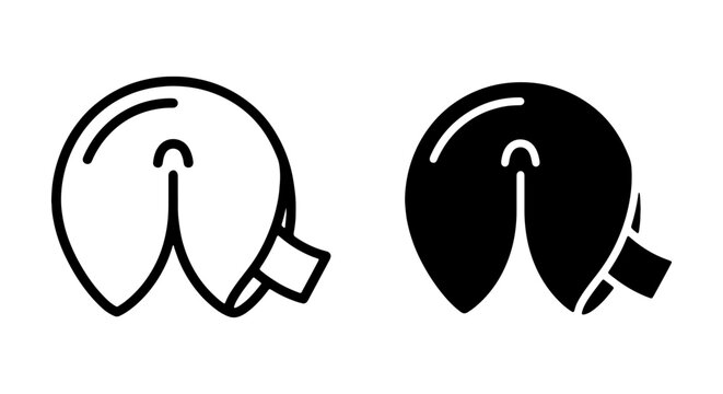 Fortune Cookie Icons, Chinese Food Symbol, Lucky Treat Vector Art, Simple Outline and Silhouette