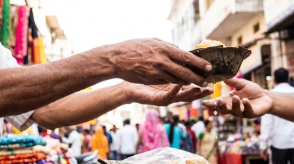 Fototapeta premium Street food vendor handing a traditional leaf bowl filled with local food to a customer in a busy market