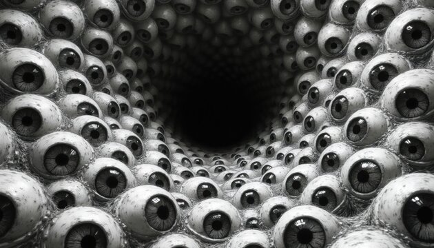 Abstract black and white pattern of numerous staring eyeballs forming a tunnel or void. This artwork creates a sense of unease and surveillance, perfect for themes of paranoia or mental states.