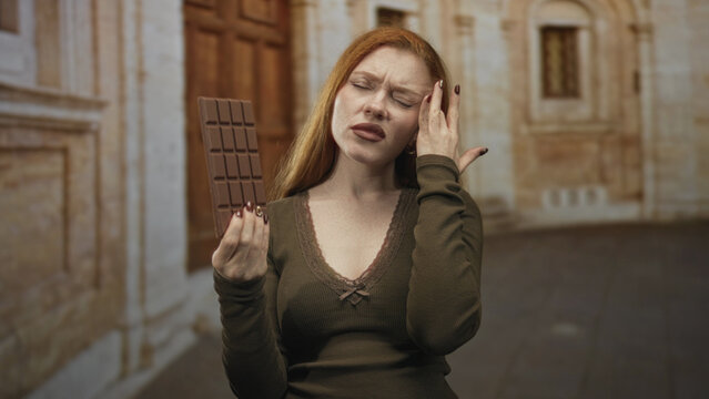 Redhead woman holding chocolate bar, hand to temple for headache in stone building with grimaced face; disgust.