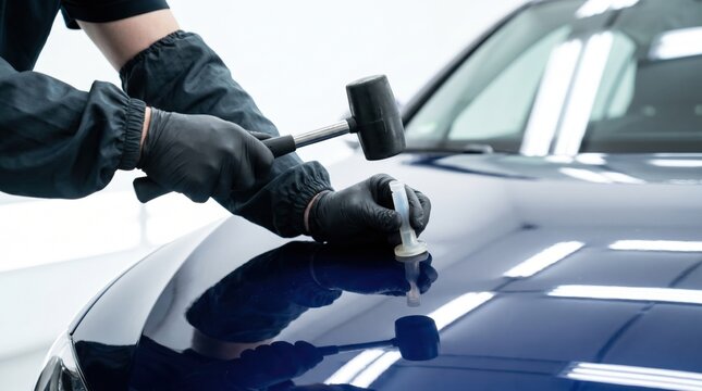Auto body technician using a glue tab and mallet for paintless dent repair on a blue car hood