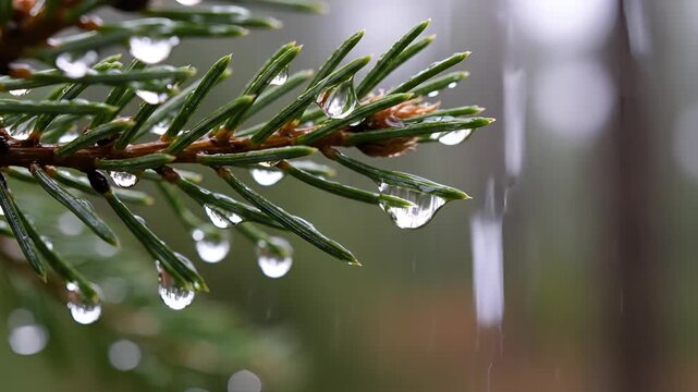 Close up of pine needles with raindrops falling in slow motion.
