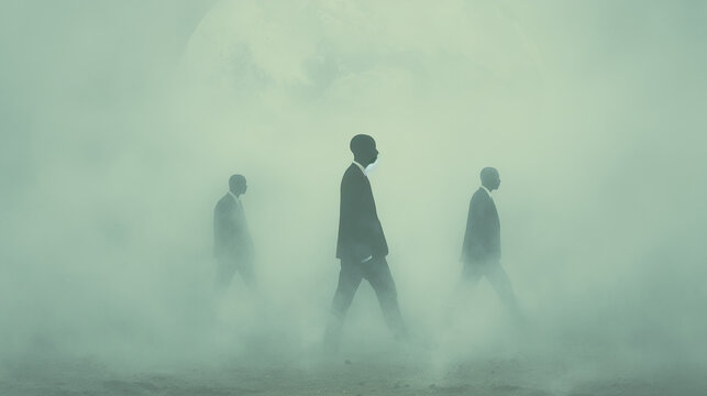Silhouette Diplomats Walking in Dense Fog with Moon &mdash; Political Secret Mission and Government Operations Concept