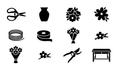 Floral Arrangement Icons: Florist Tools, Flowers, and Vase Vector Set for Crafting and Design © Sathi