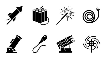 Explosion Icons: Fireworks, Rockets, Sparklers, and Dynamite Set, Celebration Vector Graphics © Sathi