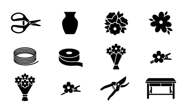 Floral Arrangement Icons: Florist Tools, Flowers, and Vase Vector Set for Crafting and Design