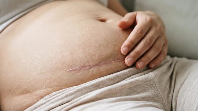 Cesarean Section Scar Close Up on Female Abdomen for Postpartum Recovery Video