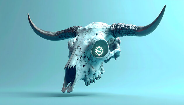 A futuristic illustration of a bull skull with a gear on its forehead floating in mid-air against a blue background.