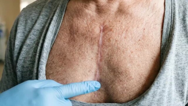 Heart Bypass Surgery Scar Close Up with Pointing Finger for Cardiac Recovery Video