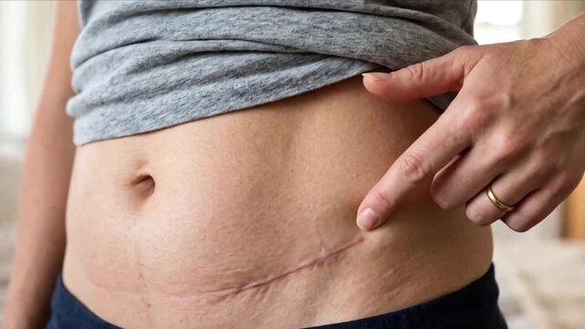 Appendectomy Scar Close Up with Hand Gesture for Postoperative Recovery Video