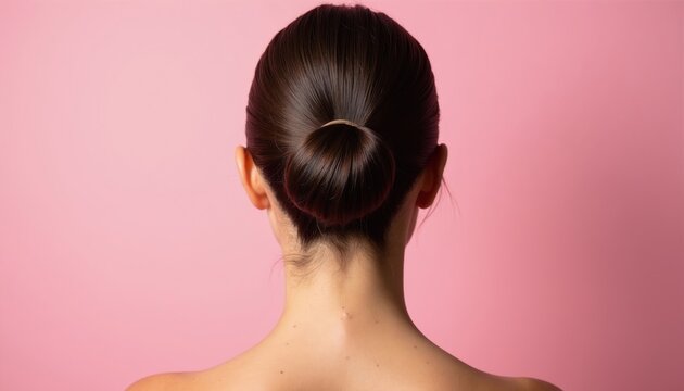 Rear view woman neat hair bun. Smooth dark hair pulled back, simple elegant updo. Minimalistic hairstyle isolated on soft pink background. Style clean, modern, chic.
