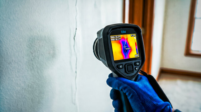 Thermal Imaging Camera Detecting Moisture and Heat Leakage Inside Residential Wall