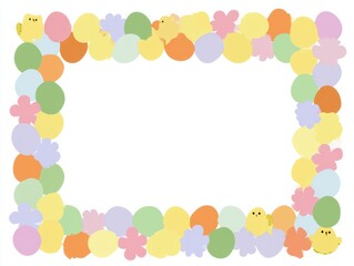 Fototapeta premium This design features a colorful border made of pastel eggs, chicks, and flower shapes perfect for spring and Easter activities in schools.