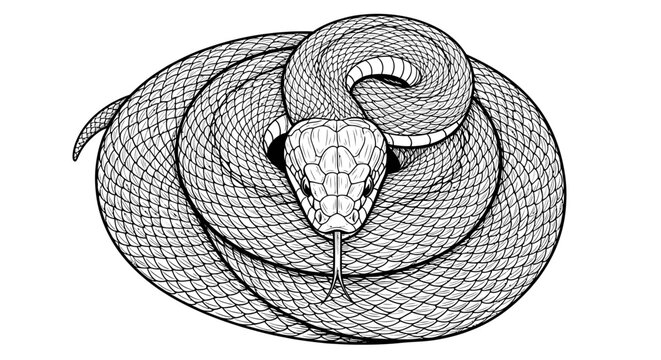 Coiled serpent line art with tongue out on white background