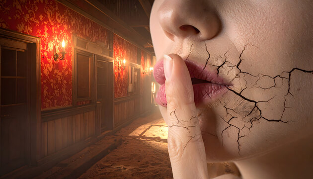 A woman's finger presses her lips in a silent gesture in a dimly lit room with a cracked face.