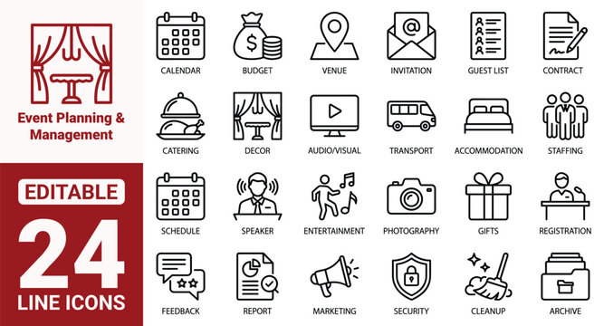 Event Planning and Management Thin Line Icon Set. Vector Outline Icons for Business Conference Organization, Wedding Planner, Catering, Venue Logistics, and Corporate Party.