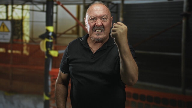 Man clenches fist and snarls, raised bare hand visible amid scaffolding in a building construction area; anger defiance.