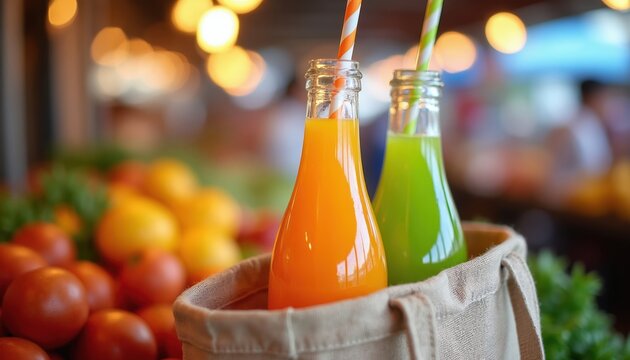 Two glass bottles with colorful drinks and straws sit in a tote bag. Fresh fruits like tomatoes and oranges are visible in the background. The scene suggests a healthy, refreshing beverage choice.