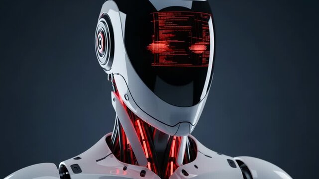 Closeup portrait of a futuristic android with red digital code