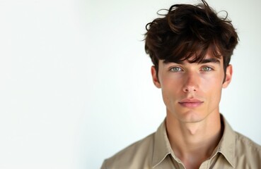 Fototapeta premium Young man with curly hair and green eyes. Male model posing against a clean white background. He wears a light brown collared shirt, looking directly at camera.