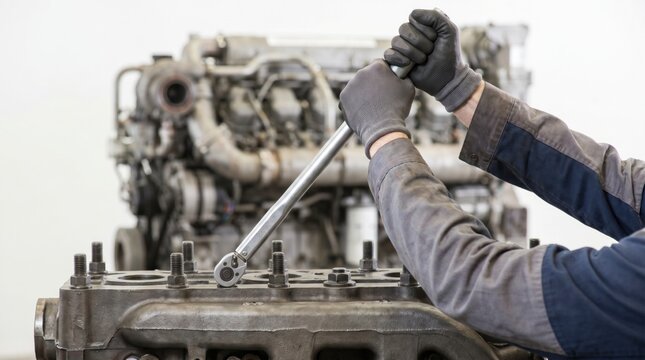 Heavy duty mechanic using a large torque wrench to tighten the cylinder head bolts on a diesel engine block