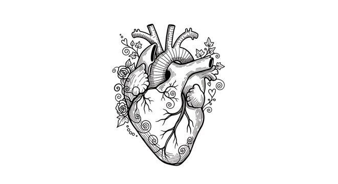 Detailed anatomical heart with intricate vascular patterns isolated on a transparent background, intricate medical detailed heart