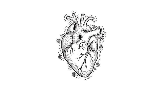 Detailed anatomical heart with medical symbols isolated on a transparent background, medical skeletal heart