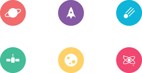 Minimalist space icon set with 6 flat vector elements, colorful astronomy symbols including rocket and planet, modern galaxy exploration graphics © Malik