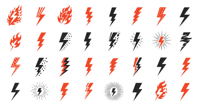 Extensive set of diverse lightning bolt and thunder icons in black and red colors with sparks and flame accents for dynamic graphics.