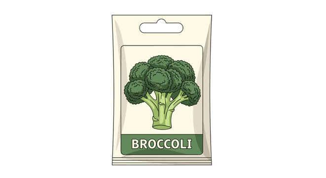 Garden seed packet for broccoli featuring a detailed illustration of a fresh green vegetable head ready for planting.