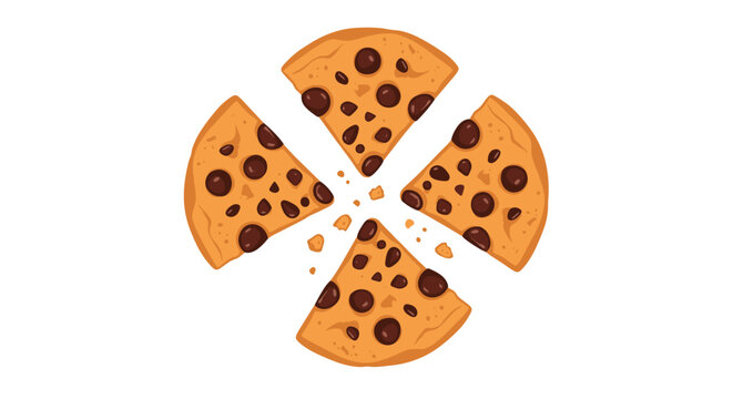 Tasty chocolate chip cookie broken into four pieces with crumbs scattered around shown as a flat vector illustration.