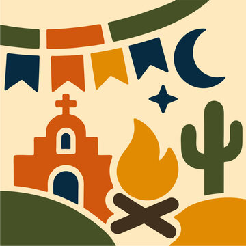 Festival Junino Minimalista Noturno com Fogueira Igreja e Cacto em Vetor Flat