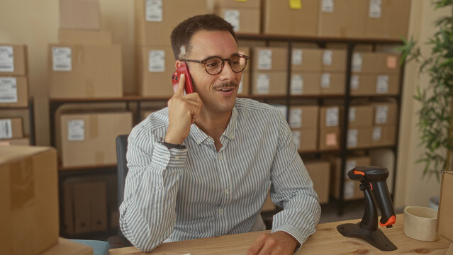 Man with mustache holding smartphone to ear and smiling at desk with boxes and barcode scanner in building; entrepreneurial calm.