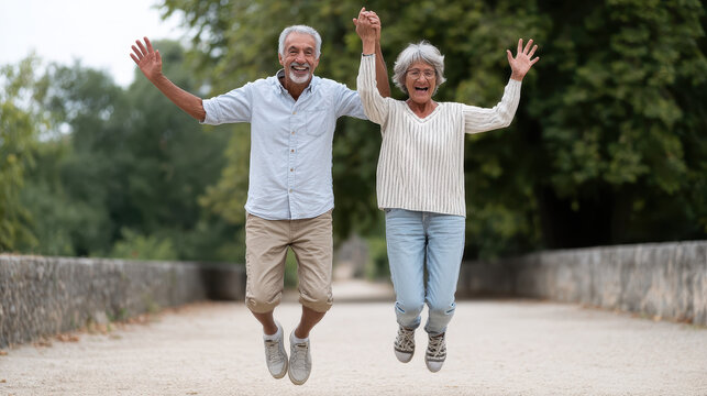 Fit Senior Couple Synchronized Jumping Jacks Sunny Park