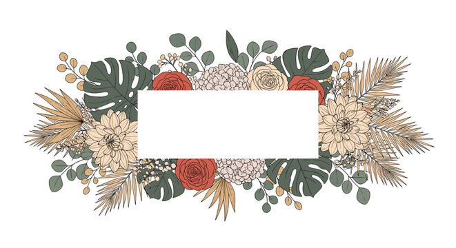 Beautiful landscape floral frame composed of monstera leaves and roses, perfect for elegant wedding invitations.