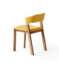 Fototapeta premium Three-quarter rear view of a modern mustard yellow upholstered dining chair highlighting the curved backrest and wooden leg structure, isolated on a white background.