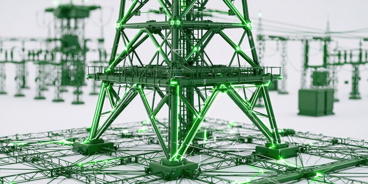 Green-lit Industrial Tower with Vibrant Green Lights