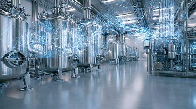 Industrial Factory Interior with Blue Light Network Over Stainless Steel Tanks