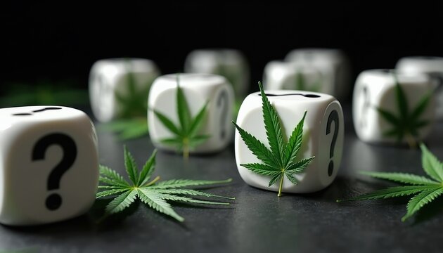 White cubes with cannabis leaves, question marks arranged on dark surface. Symbolizes decision making about marijuana use. Represents uncertainty, choice regarding its legality or medical application.