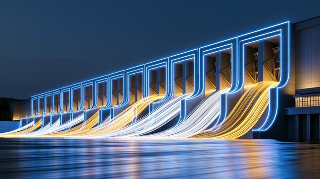 Blue Neon Streamers Flowing Over Building Facade at Night