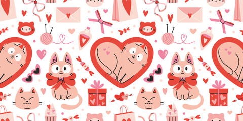 Naklejka premium Cute seamless Valentine pattern with cats, hearts, gifts and romantic elements on light background. Kawaii love texture for holiday wrapping paper, fabric and cards. Modern vector illustration