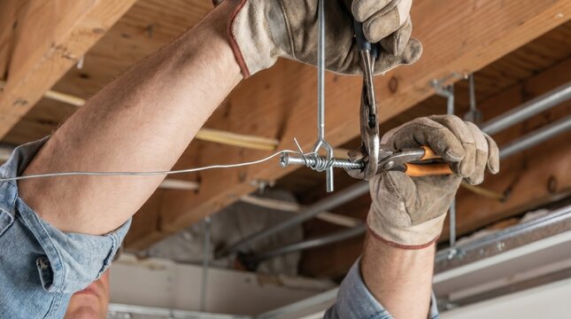 Construction worker in gloves using metal pliers to cut and secure steel wire around a threaded rod on a wooden ceiling