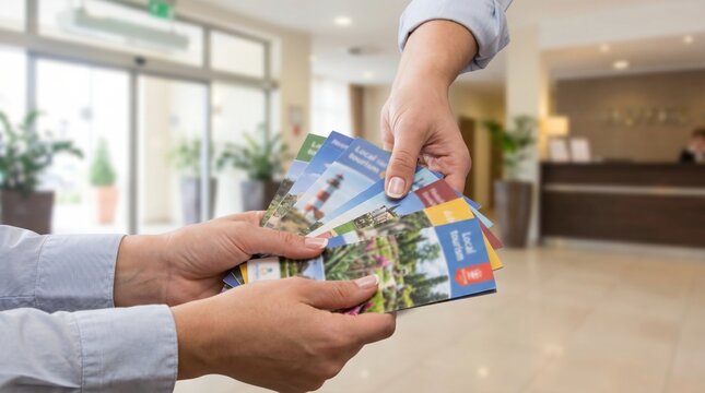 Two people exchanging a stack of colorful travel tourism brochures in a bright modern lobby
