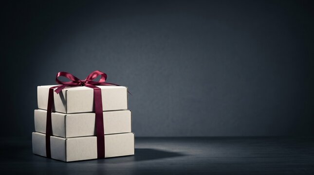 Stack of three white gift boxes tied with a burgundy ribbon on a dark background