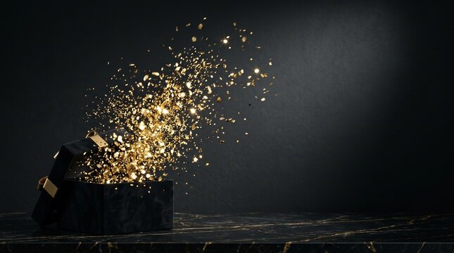 Black gift box opening with golden confetti exploding outwards on a dark marble surface