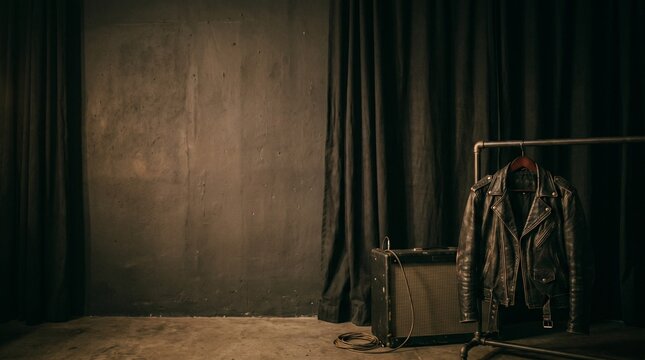 Vintage leather motorcycle jacket hanging on a rack next to a guitar amplifier in a dimly lit studio