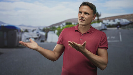 Fototapeta premium Man with palms up gesture showing hands on street in red polo, facing sideways and speaking to empty space; contemplation.