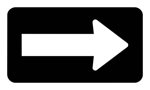 A simple black rectangular road sign icon with rounded corners and a bold white arrow pointing right, isolated on a pure white background. Direction and navigation concept