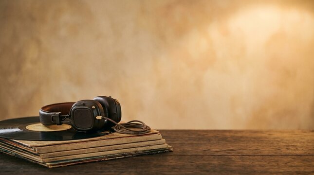 Vintage headphones resting on a stack of vinyl records on a wooden table