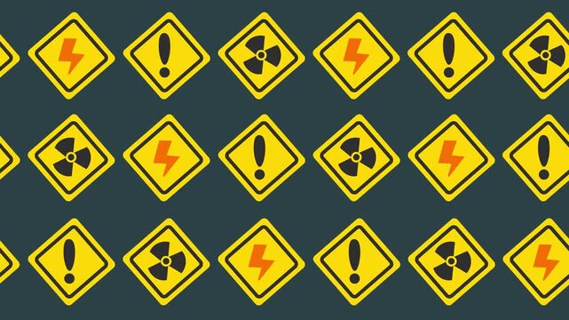 Seamless pattern of yellow warning signs with radiation hazard and high voltage icons in horizontal background animation for industrial danger wallpaper and caution alert backdrop. Seamless looping.